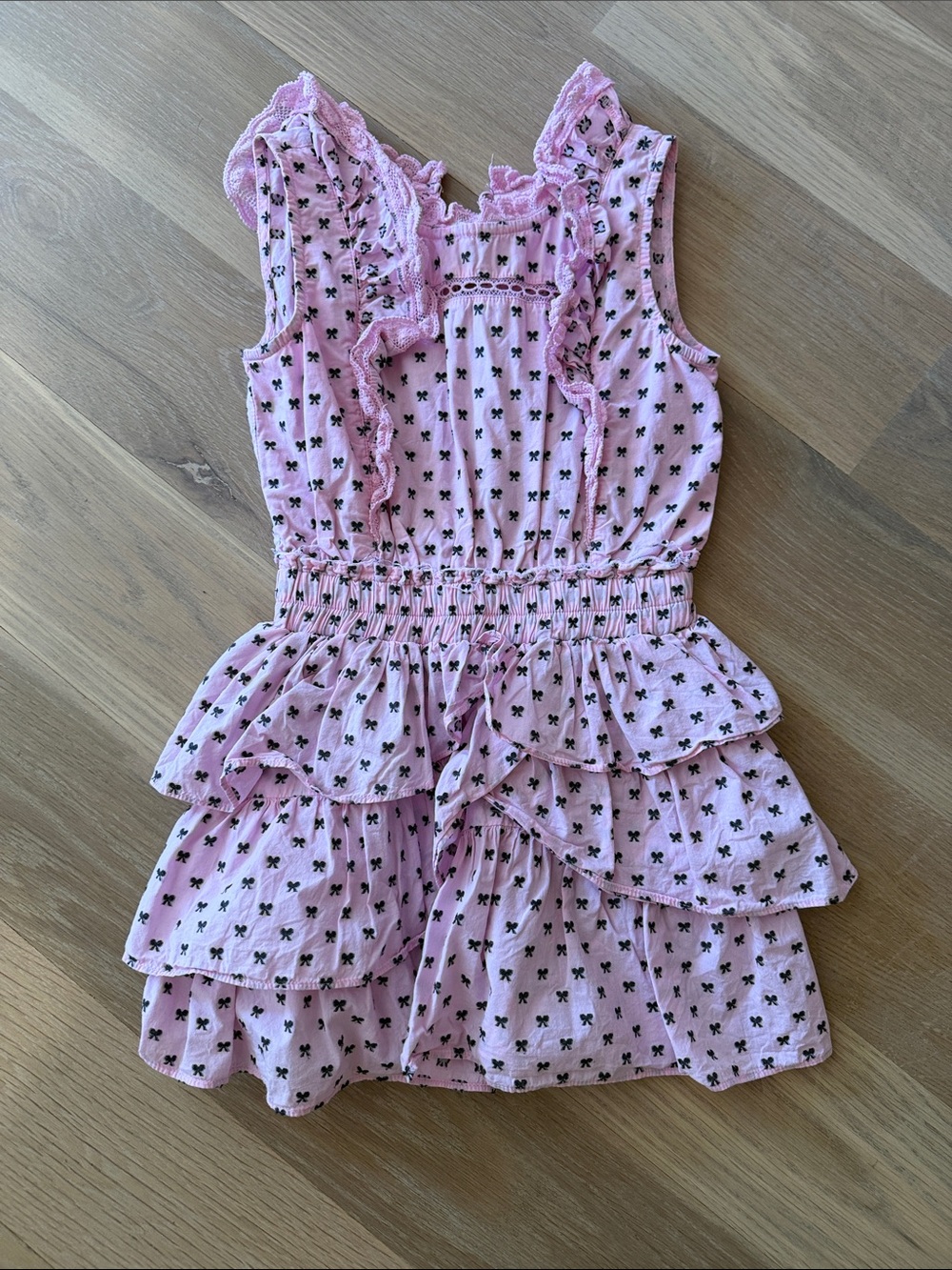 LoveShackFancy Pink Ruffle Tiered Bow-Print Dress